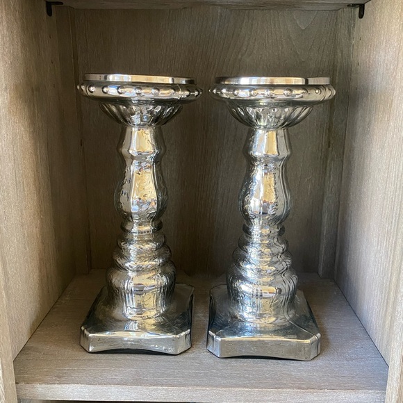 Pair of Mercury Glass Pillar Candleholders